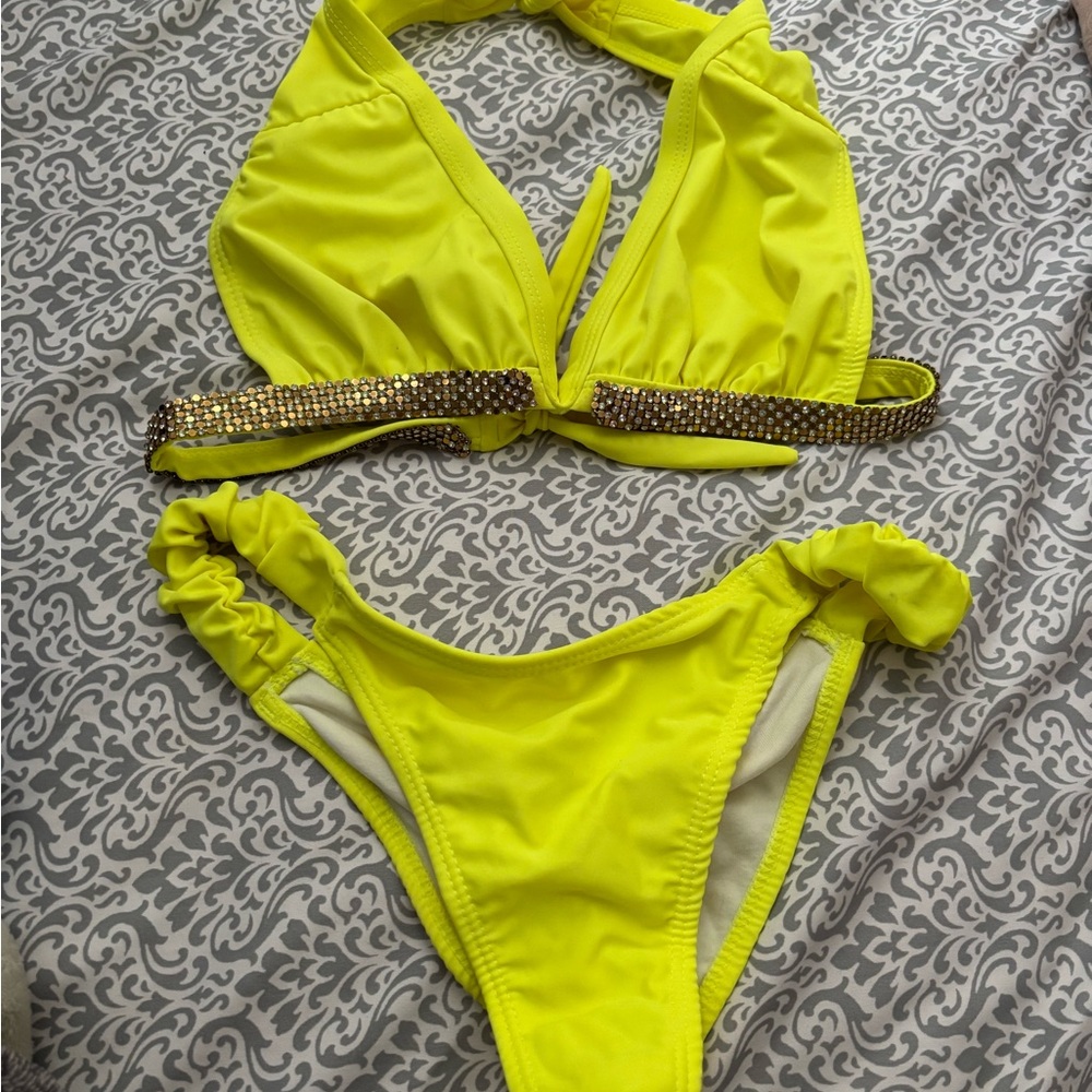Vibrant Yellow Bikini with Rhinestone Detail!